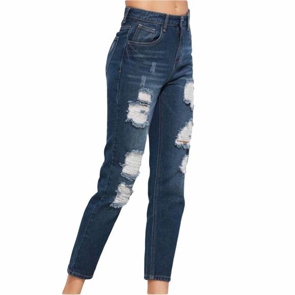 Mid Rise Blue Distressed Denim Ankle Jeans - NEW - Picture 4 of 4
